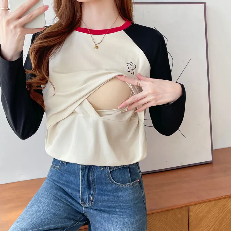 

Autumn Maternity Nursing T-Shirt - Pure Cotton Loose-Fit & Slimming Top for Postpartum Tees Pregnancy