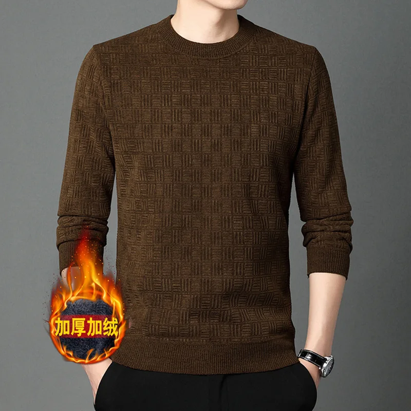 New Men Knitted Sweater Winter Warm Casual Fashion Round Neck Pullover Slim Fit Fleece Lined Soft Elastic Sweaters M To 4XL