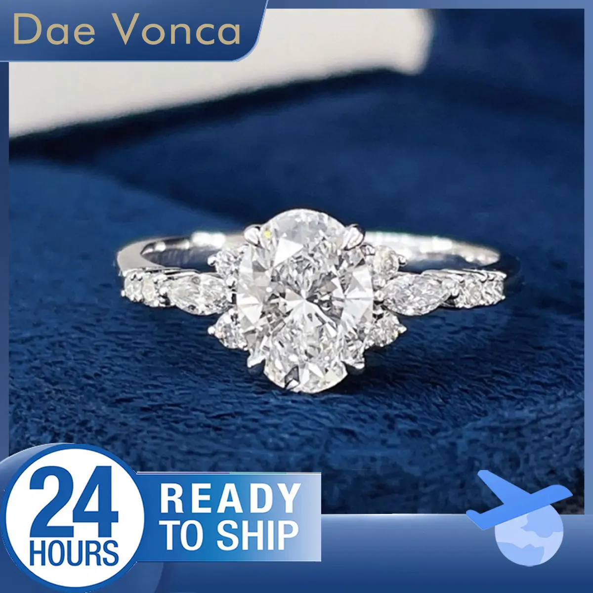 Dae Vonca 18K White Gold Oval Cut Diamond Ring Multi Sidestone Shank Lab Grown Diamond Ring For Engagement