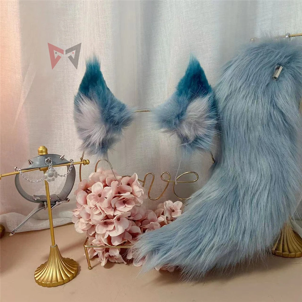 

New Hand Made Light Blue LOL The Nine-Tailed Fox Ahri Ears Hairhoop Tail Necklace Hairbands Headwear Cosplay Costume Accessories