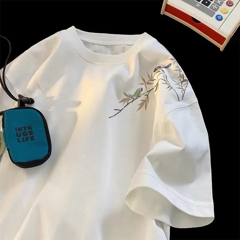 Men's Chinese Style Bamboo Bird Embroidery T‑shirt Summer Oversized Loose Casual Short Sleeve Tee Streetwear Cotton Top