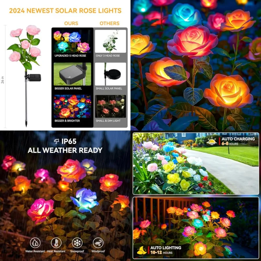 

Solar Lights Outdoor, Solar Garden Light with 0 Rose Flowers, 7 Color Changing Solar Powered Flowers Lights Waterproof for Outs