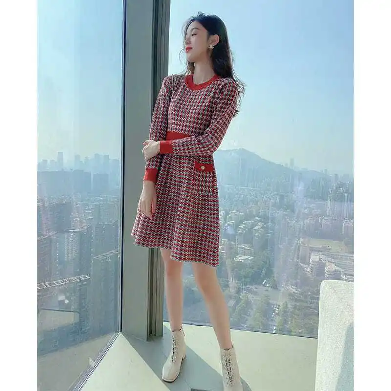 

Women's Autumn Winter Bird Lattice Knitted Dress Office Lady Patchwork England Style Fashion Knee Length Sweater U1446