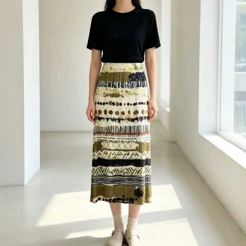 Miyake Pleated Printed Skirt for Women 2026 Autumn New Loose Plus Size Jupe Elegant Casual Versatile Slim Fold Mid-Length Skirt