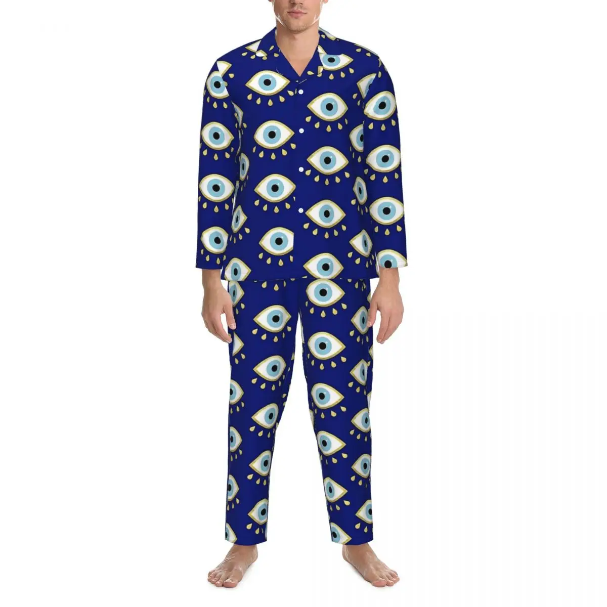 

Magic Blue Evil Eye Print Sleepwear Autumn Casual Loose Oversized Pajama Sets Male Long Sleeve Trendy Leisure Custom Nightwear