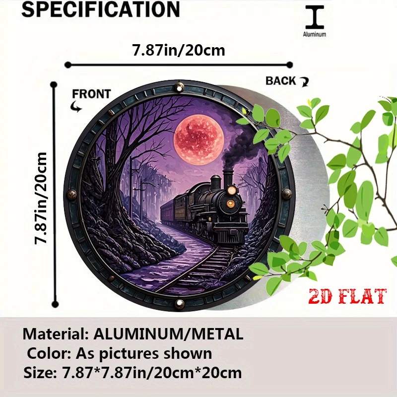 2D Flat, 1pc Vintage Victorian Train Journey Round Plaque - Moonlit Forest Night Scene with Full Moon & Steam Locomotive - Dark