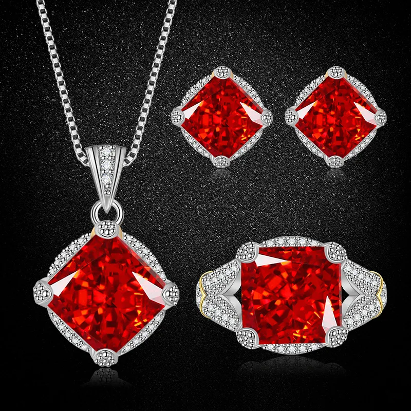 

S925 Sterling Silver Ice Flower Cut Cubic Zirconia Jewelry Set, Color Gem Ring Pendant Earrings Necklace