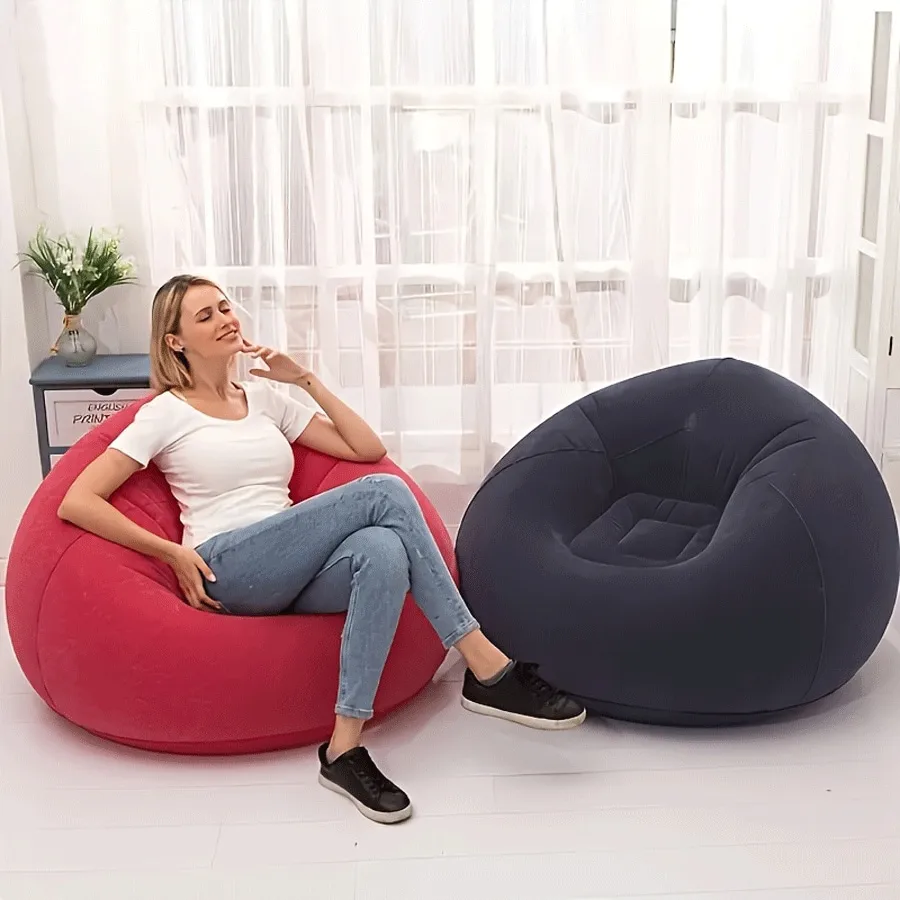 

1pc Beanless Bag Inflatable Lounge Chair, Flocking Multifunctional Portable Inflatable Sofa, Round Single Sofa