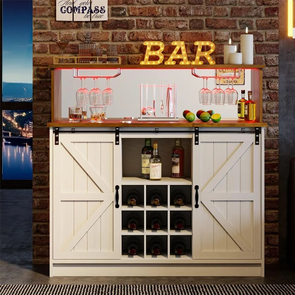 Farmhouse Coffee Bar Gabinete LED Luz, Cozinha Buffet, Armazenamento Cabinet Hutch, Deslizante Porta de Celeiro, Vidro de Vinho, 47"