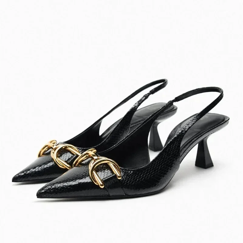 TRAF Women Golden Metal Chain Pointed Toe High Heels 2024 Summer Black Pumps Woman Party Stiletto Shoes Slingback Heeled Sandals