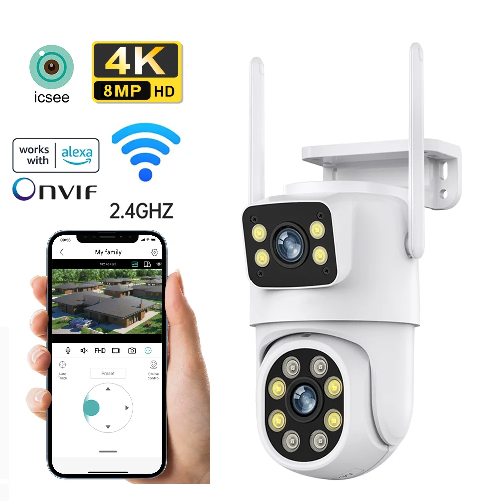 

8-мегапиксельная камера с двумя объективами iCSee Wi-Fi PTZ уличная 4K беспроводная камера безопасности с двойным экраном автоматическое отслеживание мониторинг видеонаблюдение