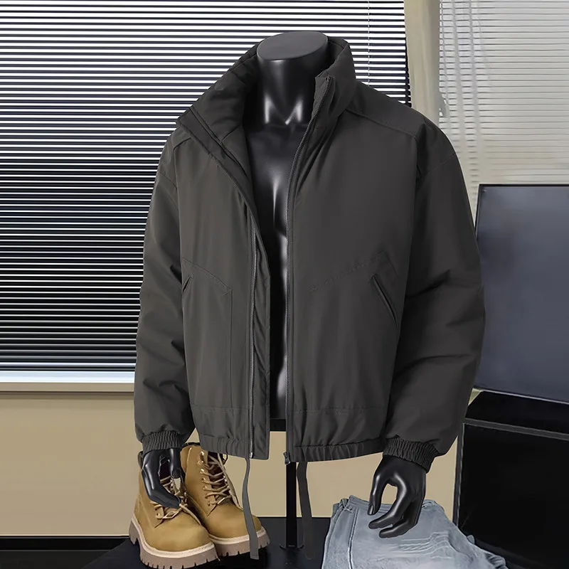 Men's Thick Warm Cotton-Padded Jacket Stand-Up Collar Loose Solid Color Casual Winter Outerwear Fashionable Streetwear
