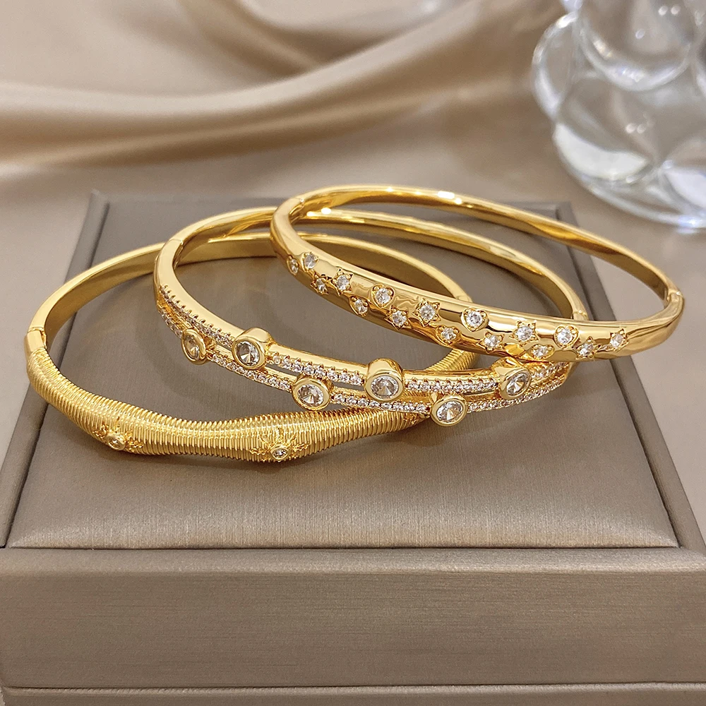 Wavy Dot Cubic Zircon Filled Copper Bracelet Plated Gold Shiny Temperament Love Star Concave-convex Original Design Cuff Bangle