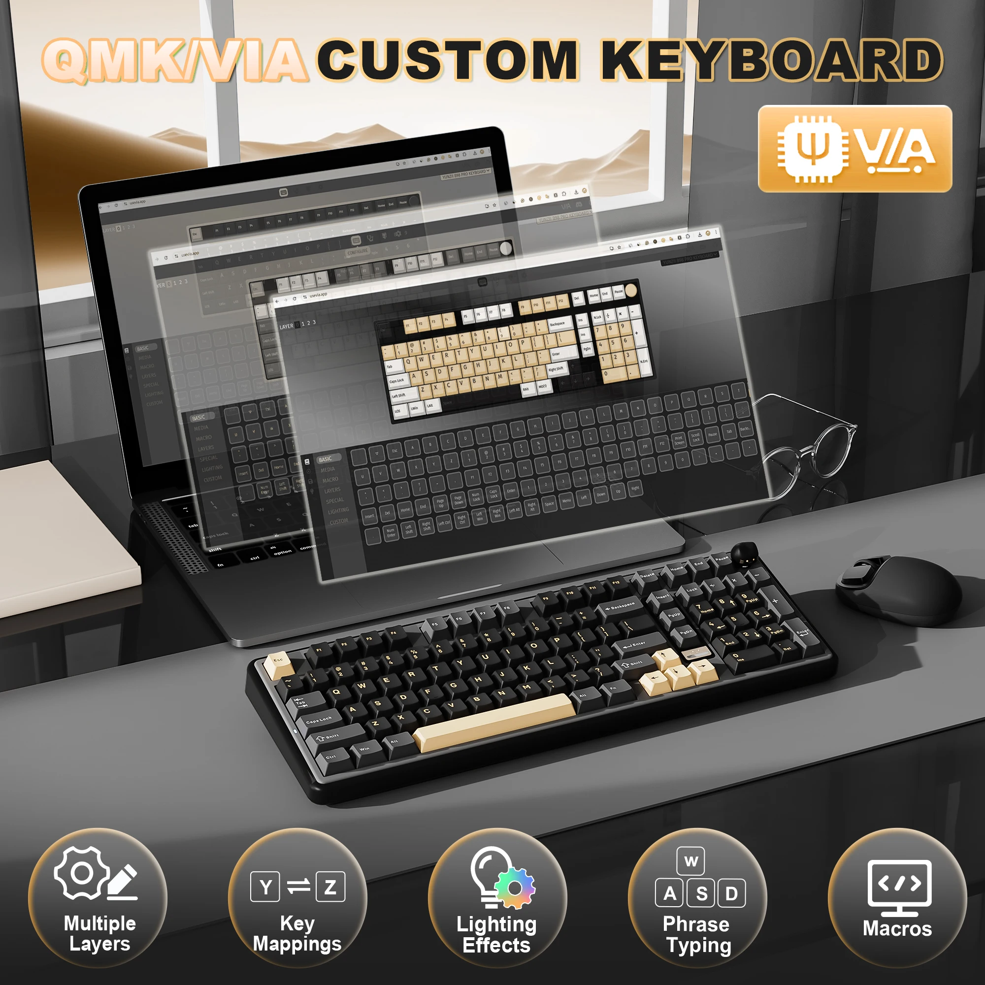 YUNZII B98 PRO QMK/VIA 무선 기계식 키보드, 96% 레이아웃 커스텀 게이밍 키보드, Win/Mac용 핫스왑 가스켓 RGB 키보드