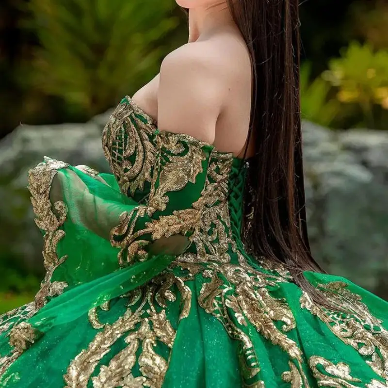 

Elegant Green Gold Women Prom Dresses 2024 Sweetheart Lace Up Ball Gown Vestido De xv Anos Sweet 15 16 Quinceanera Dress Party