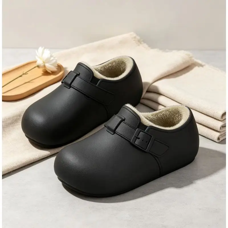 Unisex Winter Warm Mules Cute Round Toe Casual Slippers Decorative Buckle Strap Fluffy Fleece Lined Booties For Couples