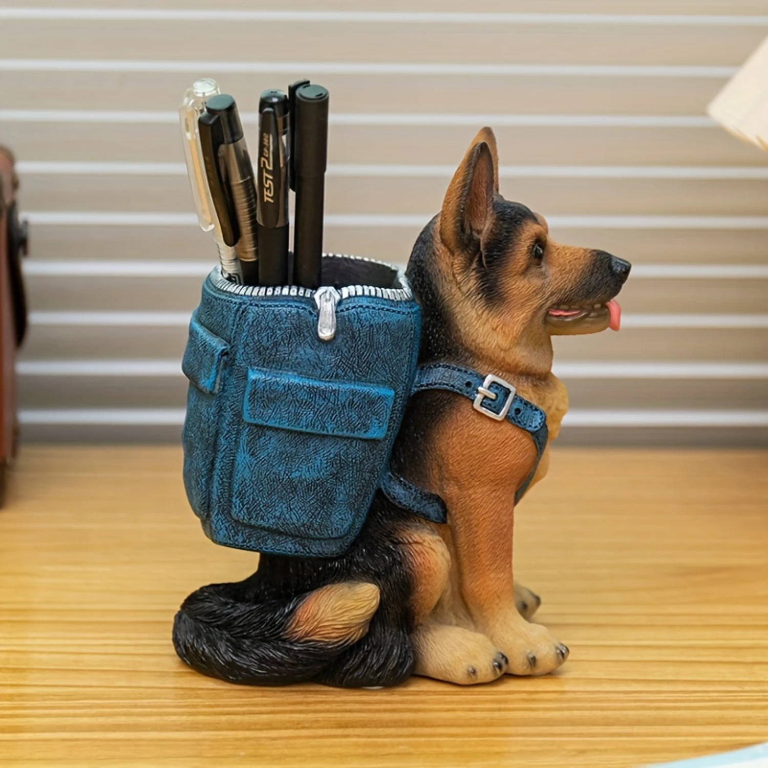 Resin German Shepherd Dog Pen Holder, Denim Backpack Design Desk Organizer, Cute Animal Shaped Pen  Container, Office Supplies a