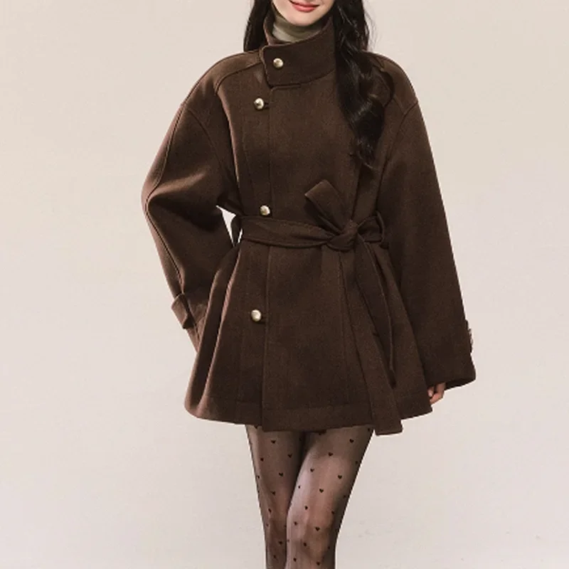 

2025 Retro High-End Feel Stand Collar Wool Coat Autumn and Winter New Tie-Waist Slim-Fit Elegant Brown Coat for Women