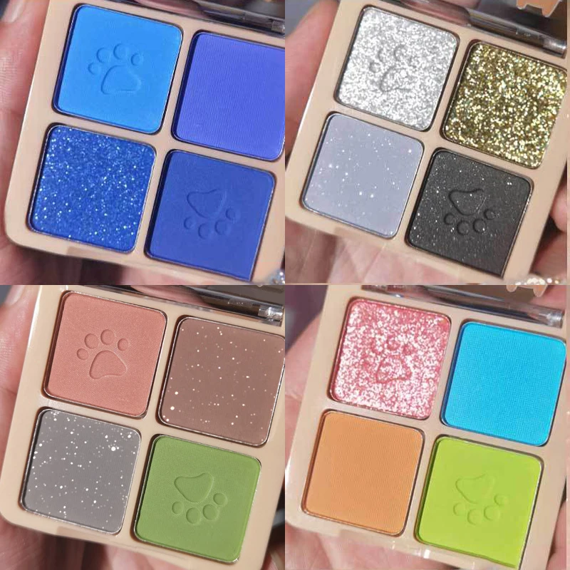 Sombra fosca-quad Olive Green, Dusty Blue e paleta rosa silenciada, fórmula pigmentada e mistura para looks de maquiagem profissional