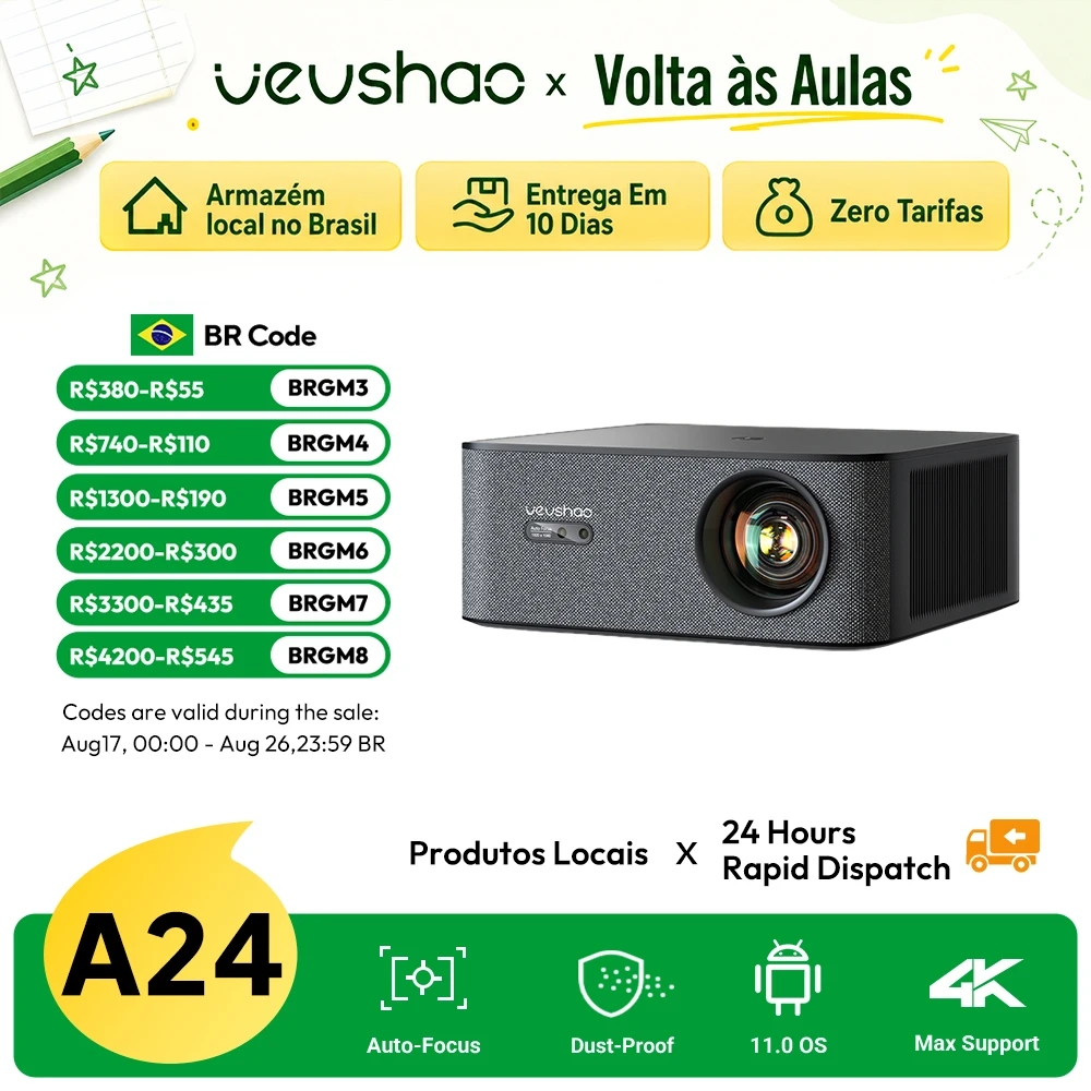 Projetor VEVSHAO A24 Max 1080P 4K Licenciado Oficialmente Google Android TV ATV Projetor de Cinema em Casa para Filmes e Jogos com Wifi