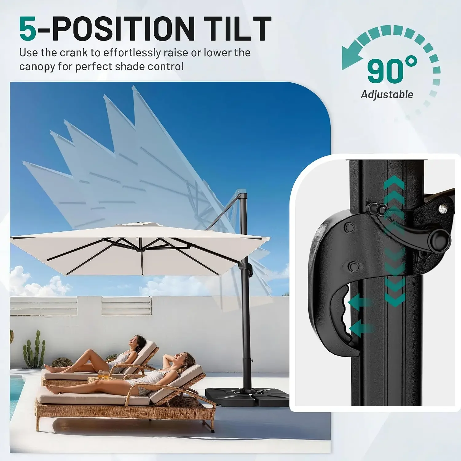 9 X 12 FT Cantilever Umbrella w/ 360-Degree Rotation, Ivory | 5 Tilts Adjustable Rectangular Offset Patio Umbrellas with Crank,