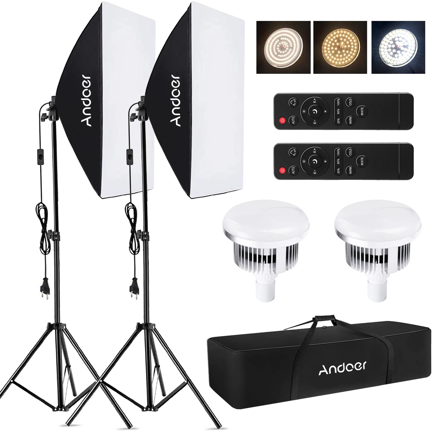 85W 2800K-5700K LED Light*2+50x70cm Softbox*2+2M Light Stand*2+Remote Control*2+Carry Bag*1 for Studio Portrait Product Video