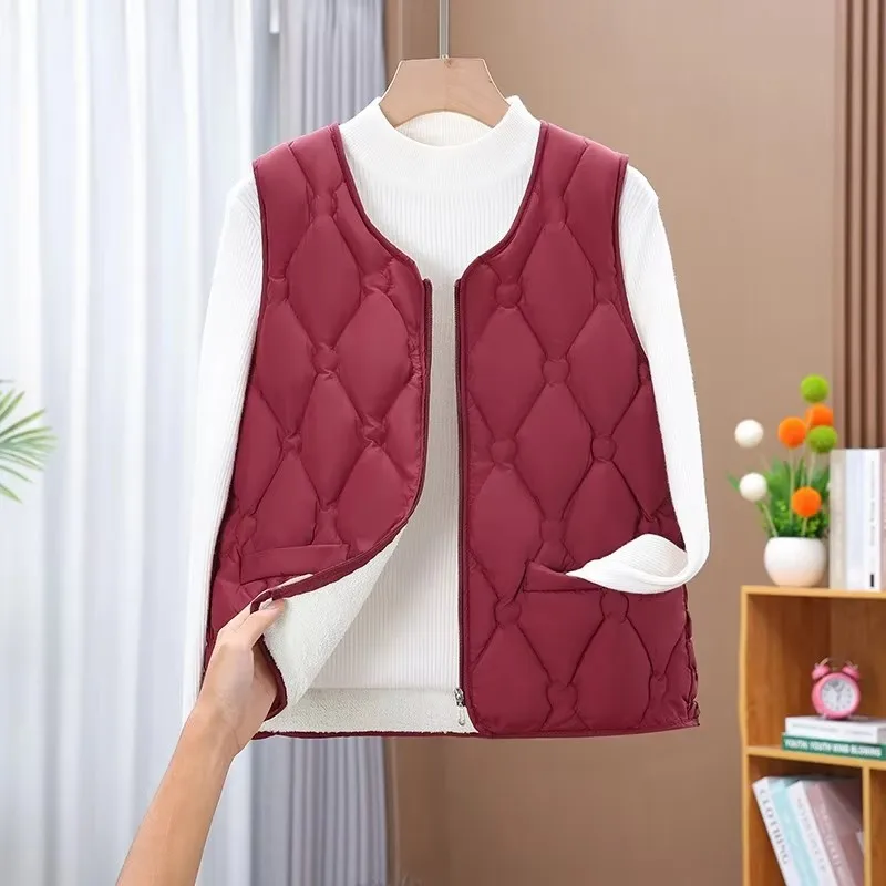 New Women Fleece Vests Autumn Ultra-light Sleeveless Jacket Winter Patchwork Padded Lambswool Warm Elastic Waistcoat Female Tops