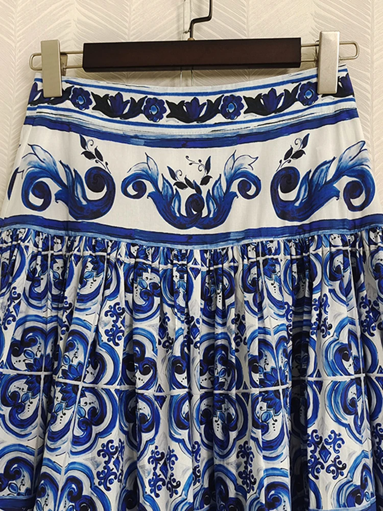 AELESEEN Runway Fashion 100% Cotton Skirt Women Sicilian High Waist Blue White Porcelain Printed Elegant Holiday Poplin Party