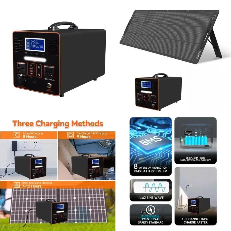 2500Wh LiFePO4 Portable Power Station 2200W Pure Sine Wave Inverter Solar Generator for AC TV Fan 110V 220V Outdoor Camping