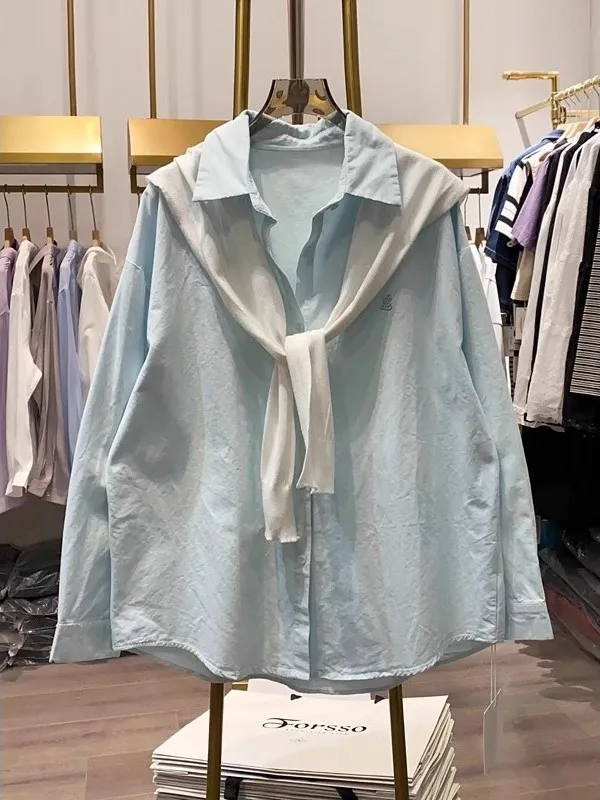 

Blue Oversized irt with awl Korean Sle Faionable Slimming Women's Top Breathable Cotton Polyester Blend Long Sve