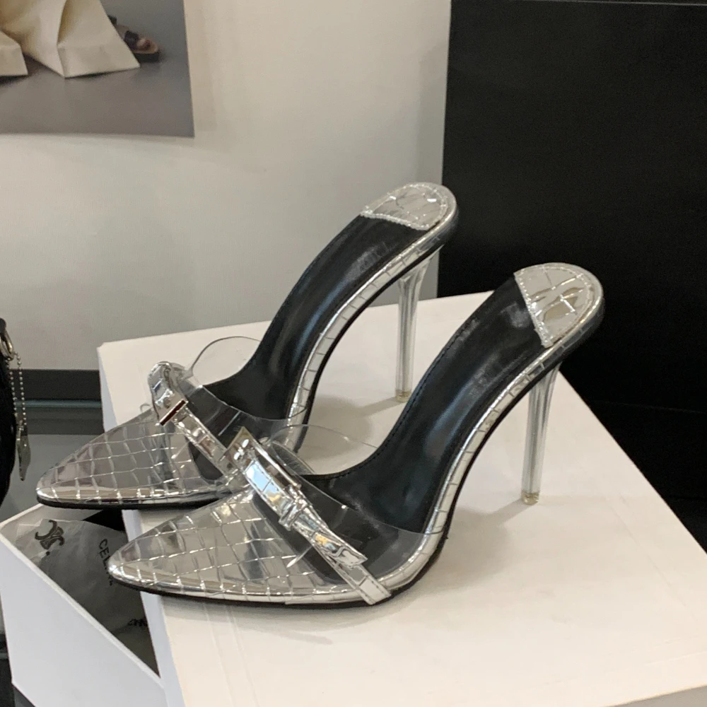 

Sexy Ladies Summer Slippers Pointed Toe PVC Buckle Transparent Crystal Heel Party Fashion High Heel Women Slippers