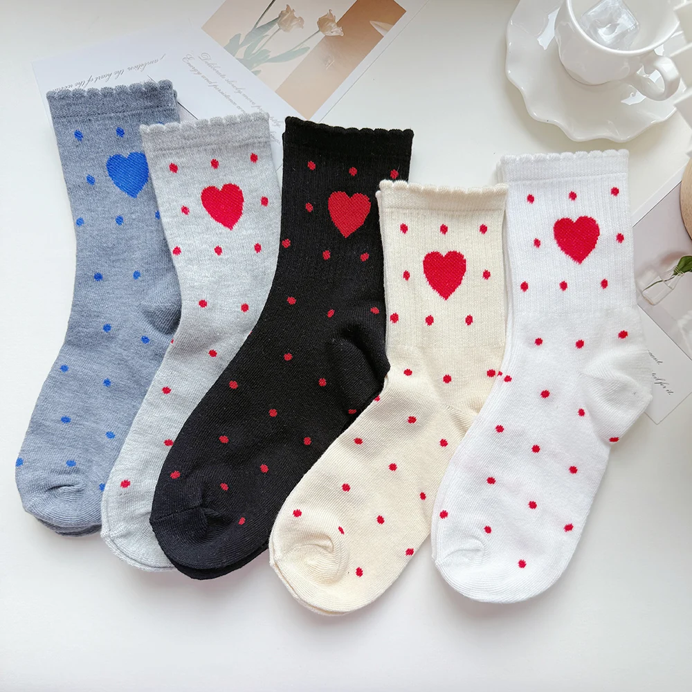 

5 пар/упак. женские милые белые носки с красным сердечком, модные дышащие женские повседневные стильные милые носки