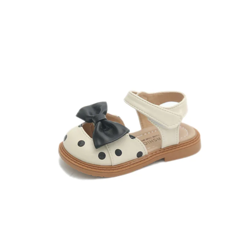 Baby Girl Sandals Kids Leather Summer Shoes Toe-covered Little Children Toddlers Beach Sandals Dots with Bowtie Princess Cute