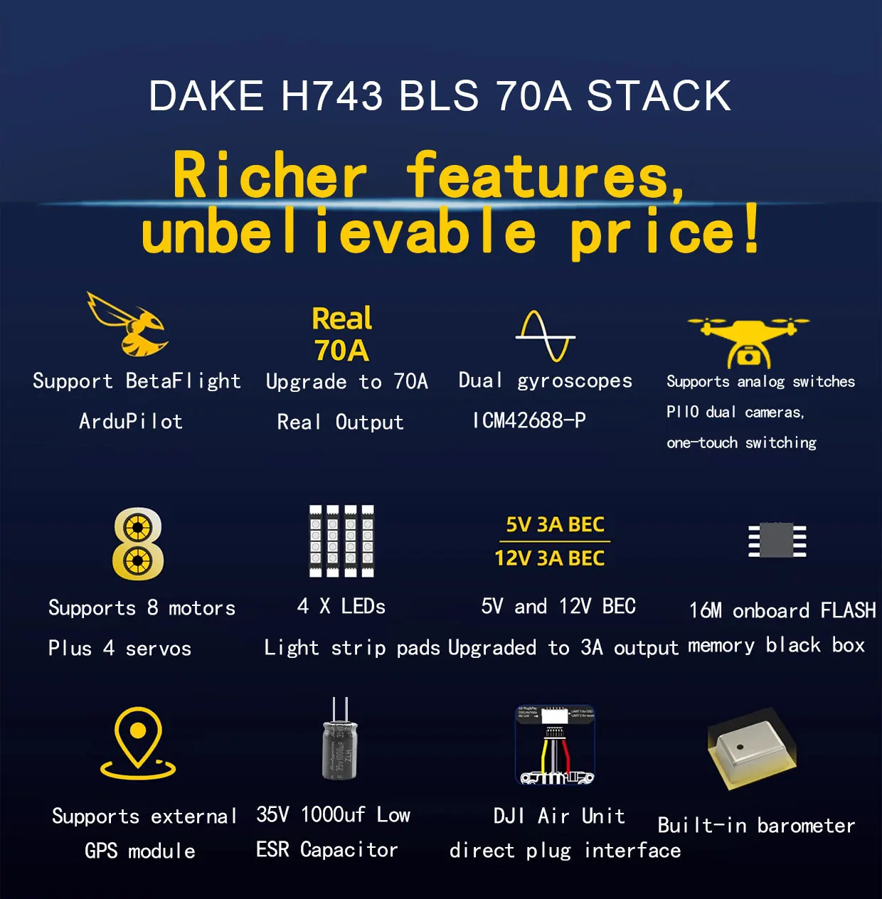 DAKEFPV H743 FC 6S 55A STACK 4IN1 Blheli_S Bluejay 8bit ESC H743 Unterstützt Betaflight Ardupilot für FPV 5-Zoll-RC-Drohne DIY – Detail 2