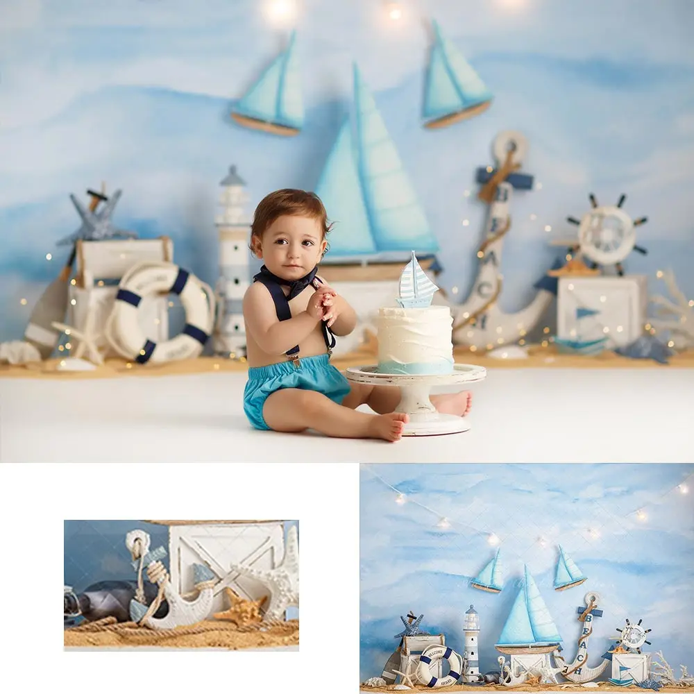 Sail Boat Blues Photography Backdrop Kids Baby 1st Birthday Photocall Decors Child Boys Adult Cake Smash Photo Backgrounds