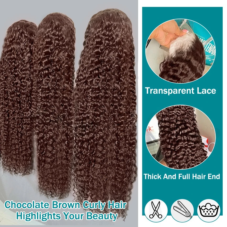 13x4 13x6 HD Lace Frontal Wig 30 Inch Chocolate Brown Deep Wave Curly Real Human Hair Wigs 250 Density Brown Lace Front Wig