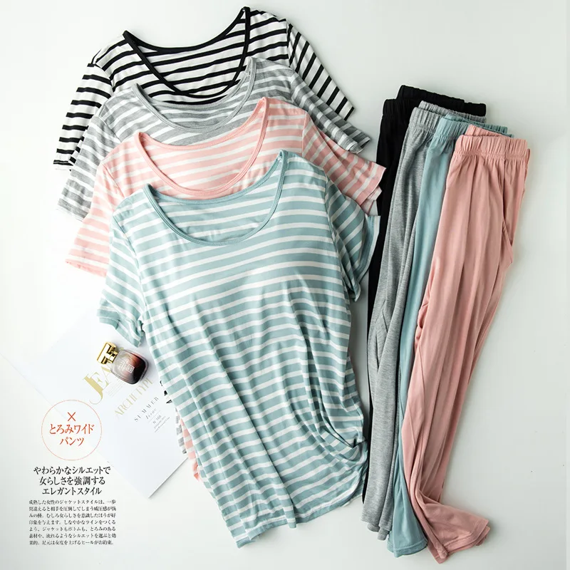 Modal Women's Short Sleeve T-shirt Pullover Tops with Bra Long Pants Pajama Set Loose Trousers Casual Striped Pijamas Clothes