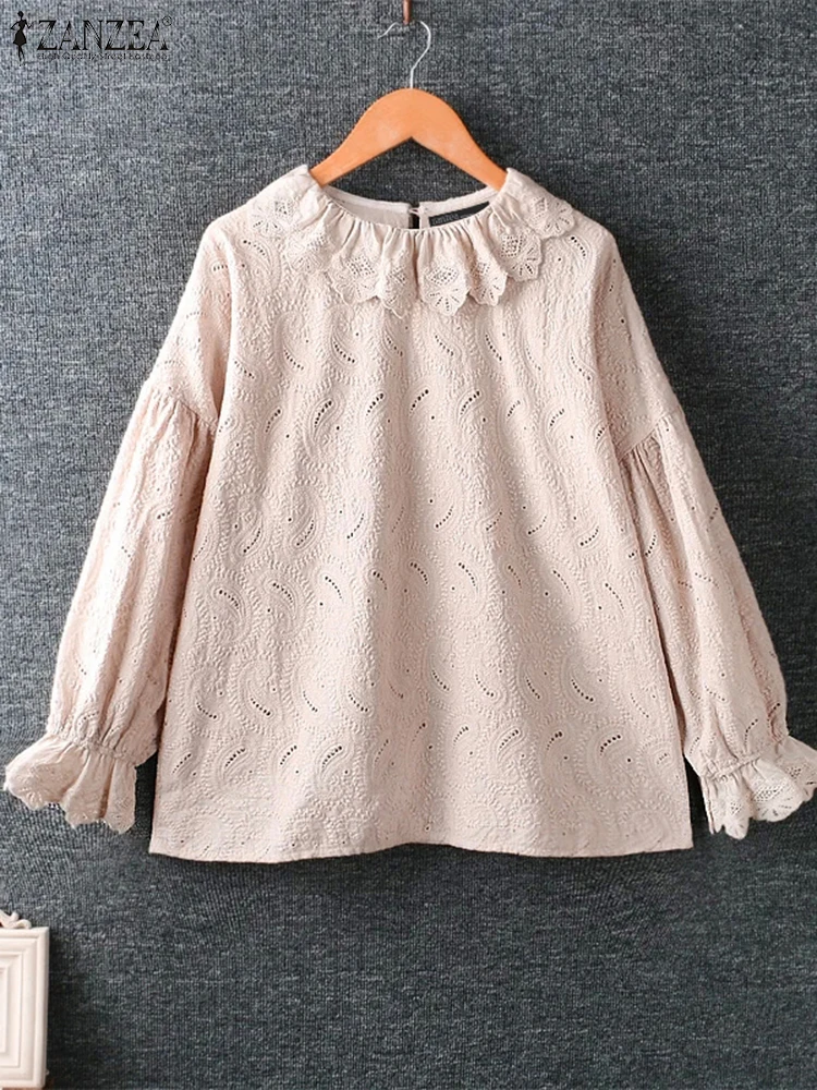 ZANZEA Elegant Flare Long Sleeve Tees Casual Loose Cotton Tops Women Lapel Collar Blusas Sweety Lace Splicing Ruffled Blouse