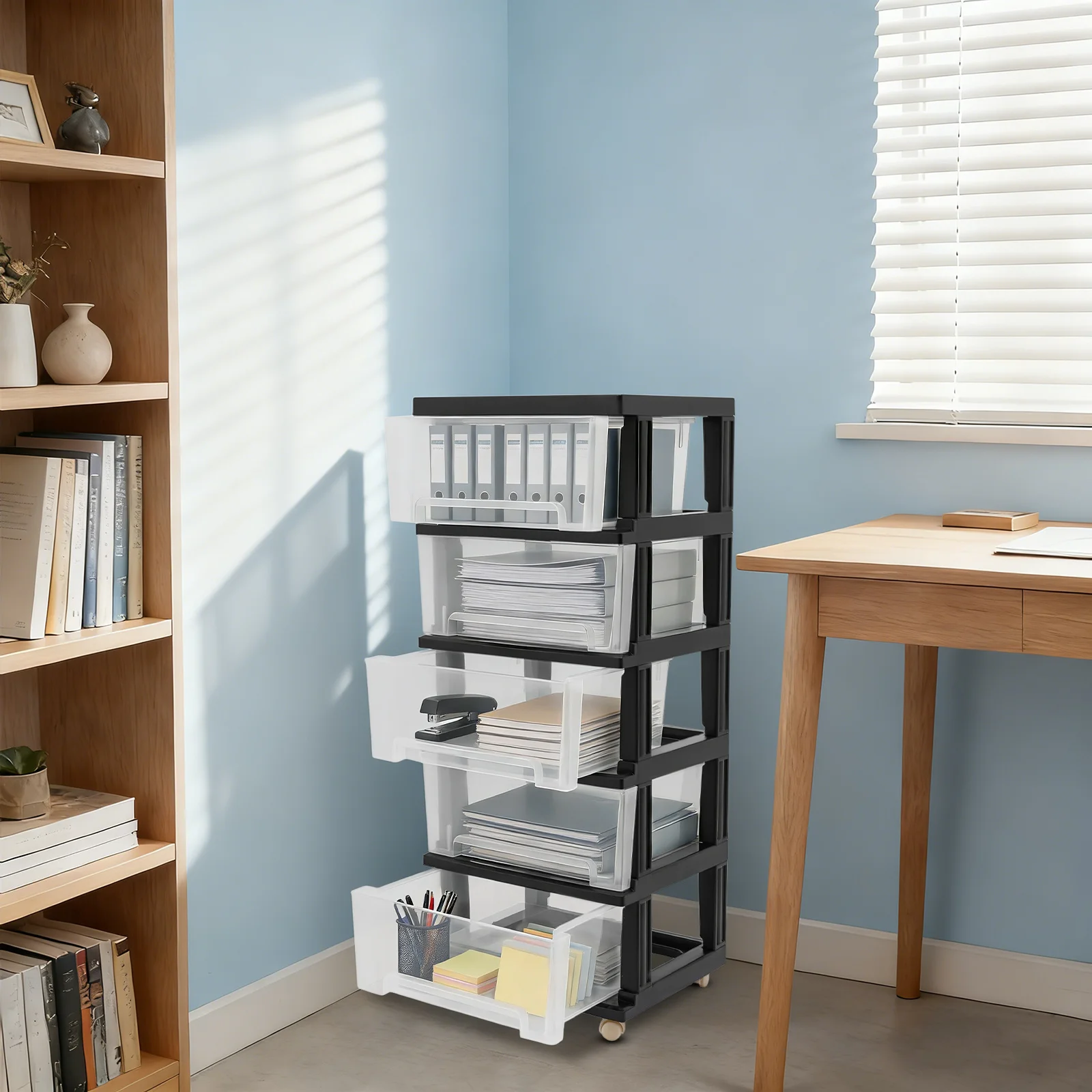 

Органайзер для хранения с 5 ящиками, черный, из полипропилена, 40x33x98 см, на колесиках, с противоскользящим покрытием, для дома и офиса, вместимость для бумаги формата А4