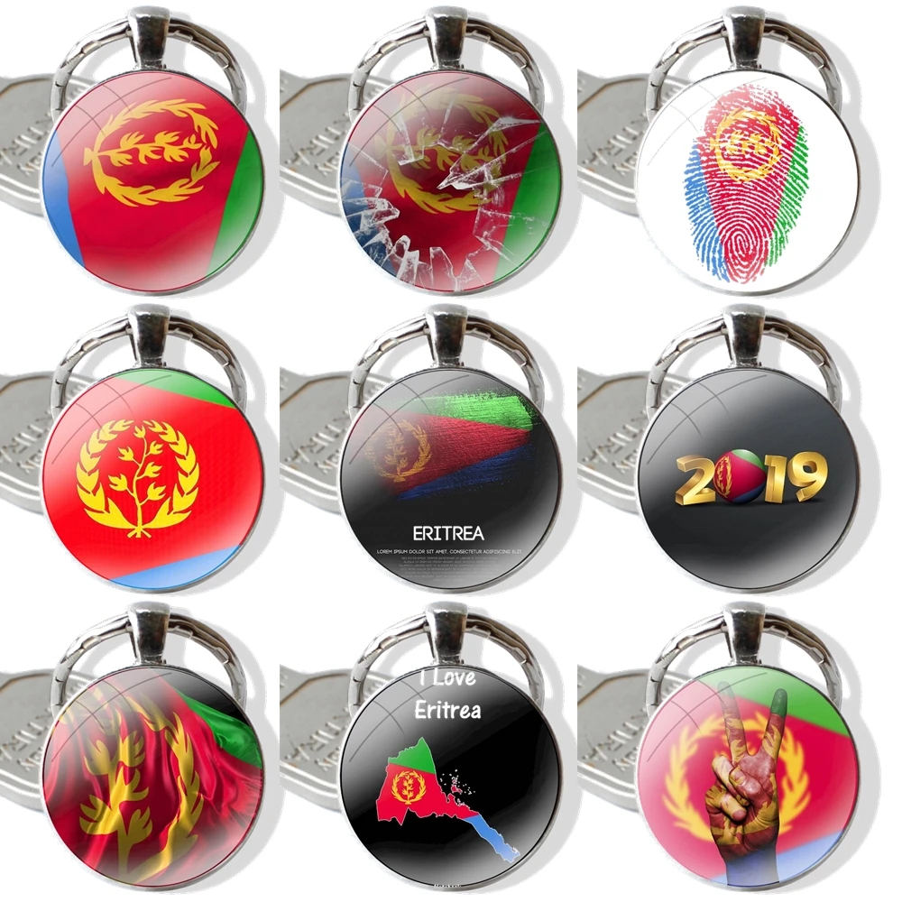 Eritrea Flag banner Keychain Handmade Glass Cabochon Key Ring Holder Pendant Key Chains