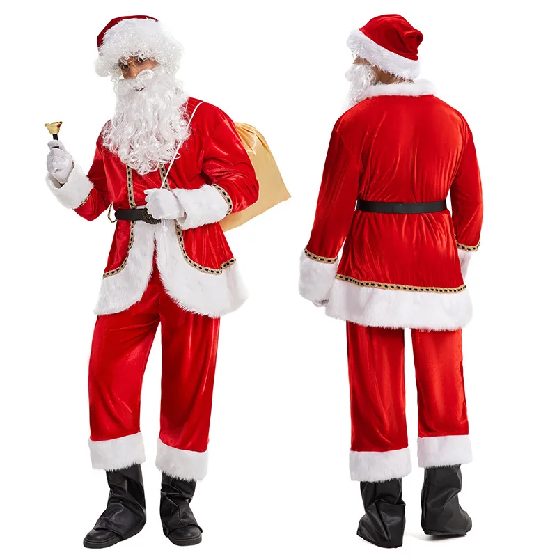 

Adult Christams Santa Claus Costume Cosplay Holiday Party Red Christmas Tops Pants Hat Belt Gloves Beard and Wig M-2XL Women Men