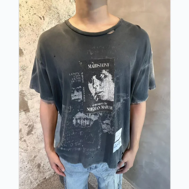 

Повседневная мужская и женская футболка с потрескавшейся узором и принтом PALY, винтажная хлопковая футболка премиум-качества из стираного синего цвета 26SS