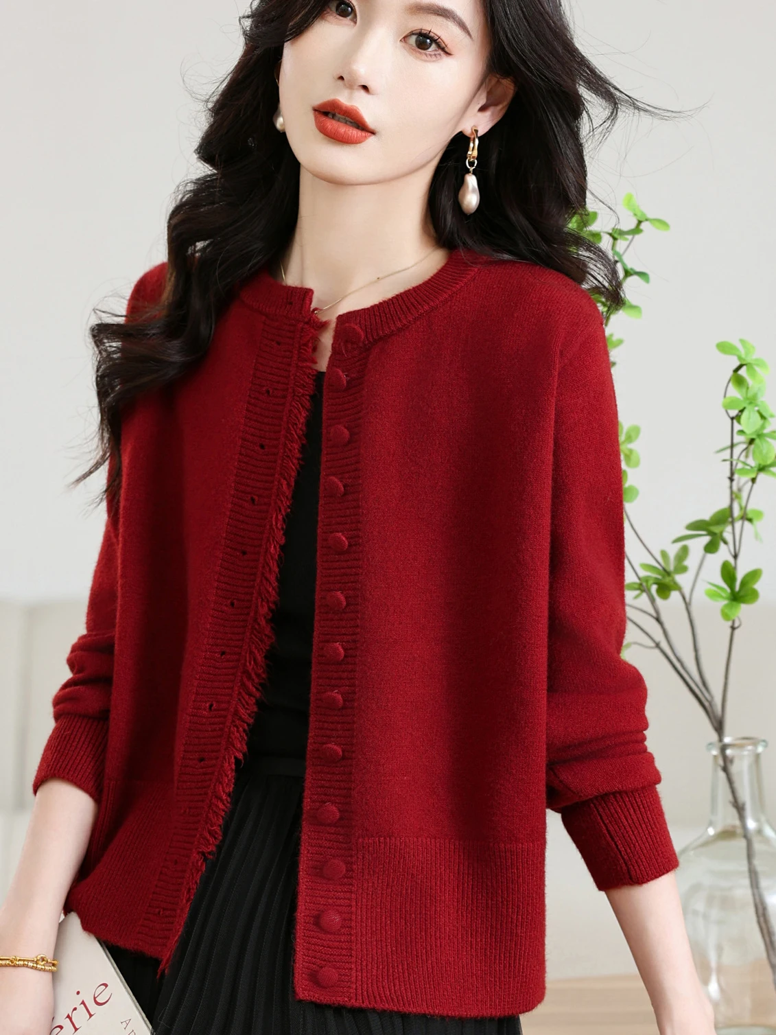 

Модный вязаный шерстяной открытый кардиган для женщин среднего возраста и ли, круглый, чистый цвет, весна-осень, новый Sle