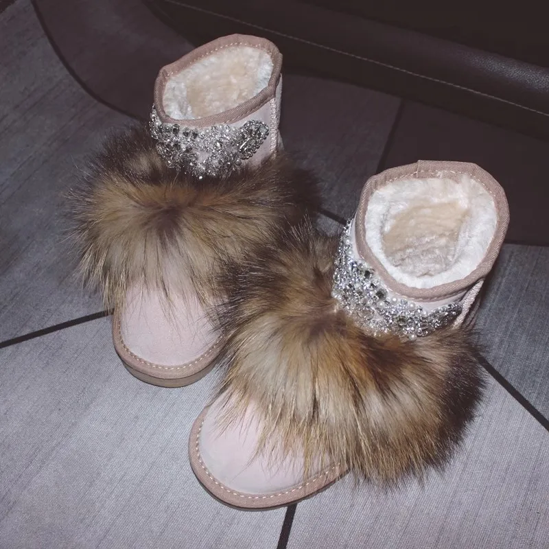 Winter Real Fur Bling Rhinestone Beading Decor Snow Boots Thick Sole Slip On Suede Boots Woman Warm Fur Ankle Booties