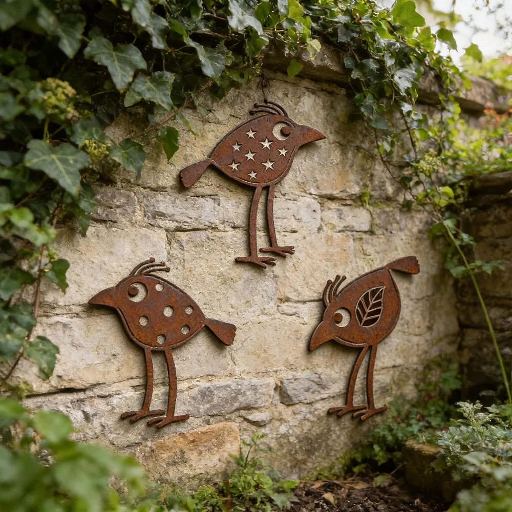 CIFBUY Juego de 3 piezas de arte de pared rústico de hierro forjado con diseño de pájaros, decoración duradera de metal para vallas de jardín, acabado vintage con efecto oxidado, fácil de montar