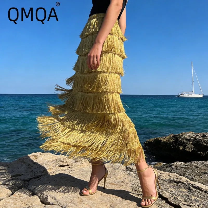 QMQA Fashion Women's Elegant Tassel Skirts High Waist Solid Color Slimming Cake Skirt 2026 Female Vacation Style New QM1108
