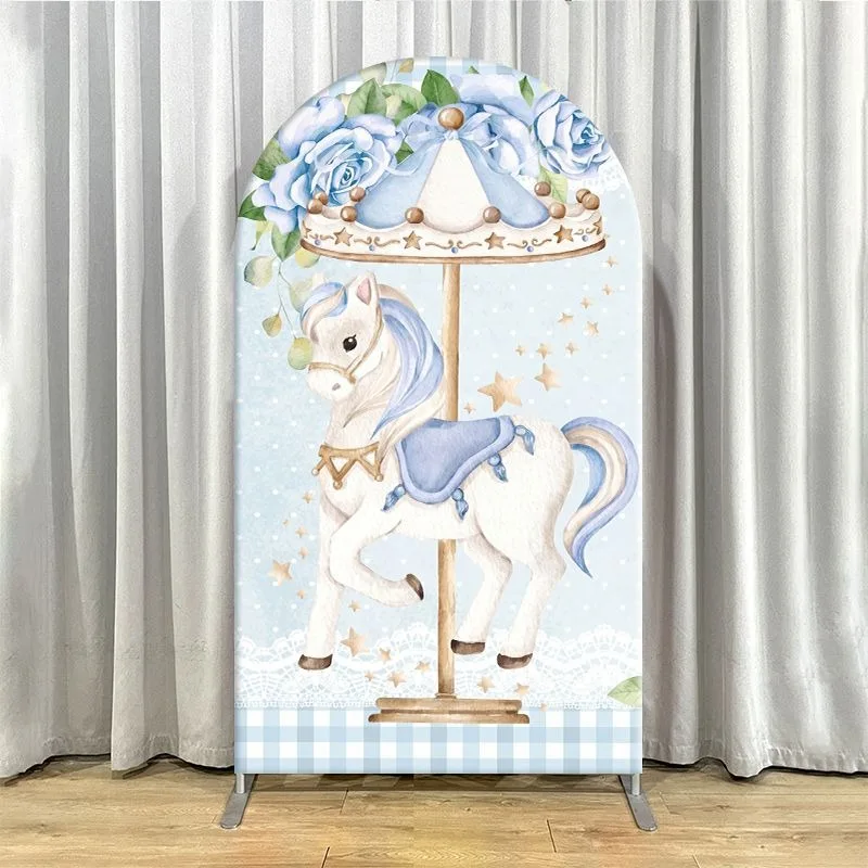 Single Side Arch Backdrop Cover Whimsical Carousel Theme Party Backdrop Set Featuring Elegant Pastel Horses Balloons and Floral