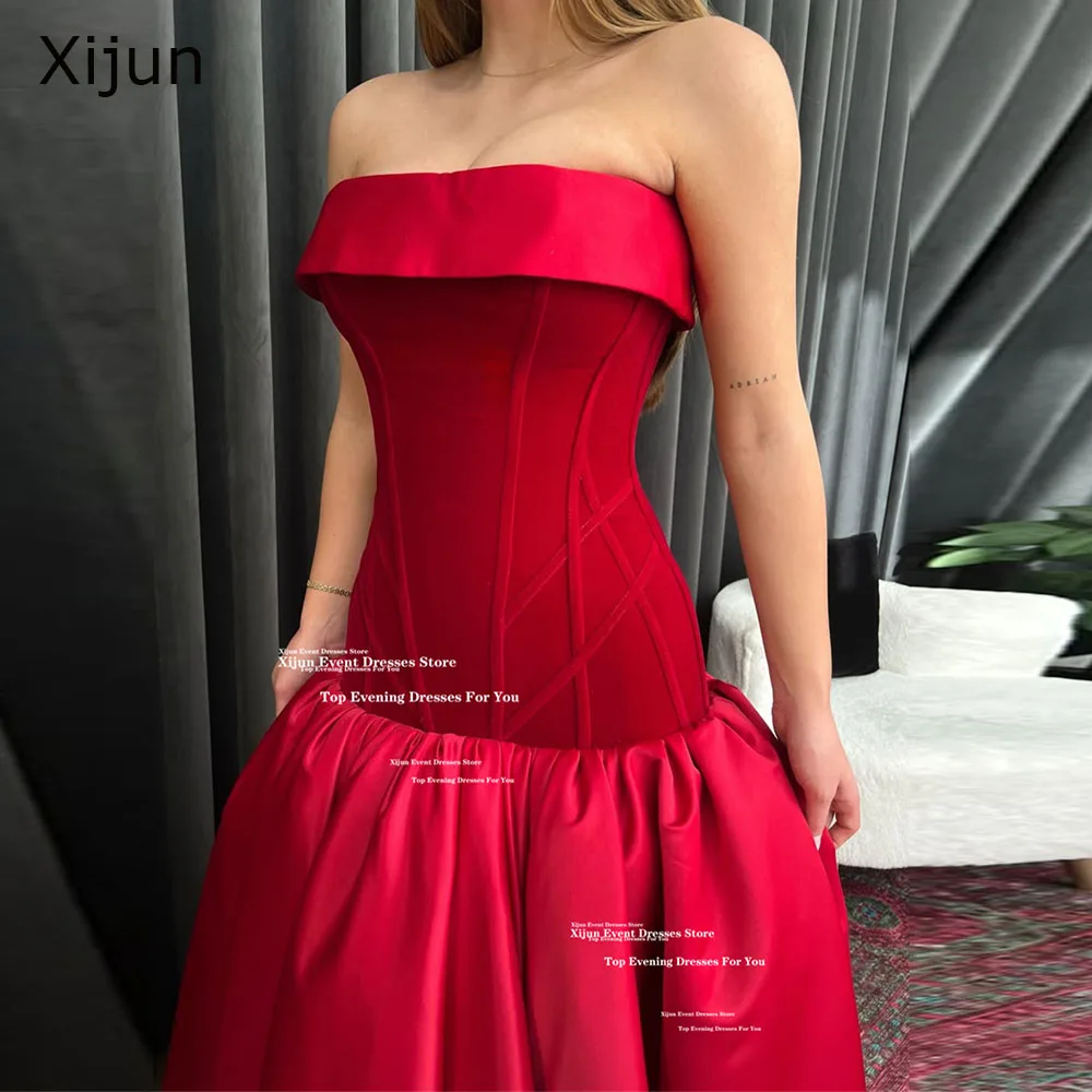 Xijun Elegant Red Velvet Evening Dresses Strapless A-Line Formal Prom Dresses Sleeveless Occasion 2026 Prom Gowns Customized