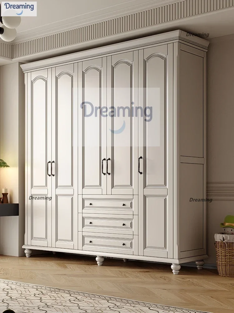 

American retro solid wood wardrobe white modern simple door 3456 door with top cabinet of drawers bedroom large wardrobe