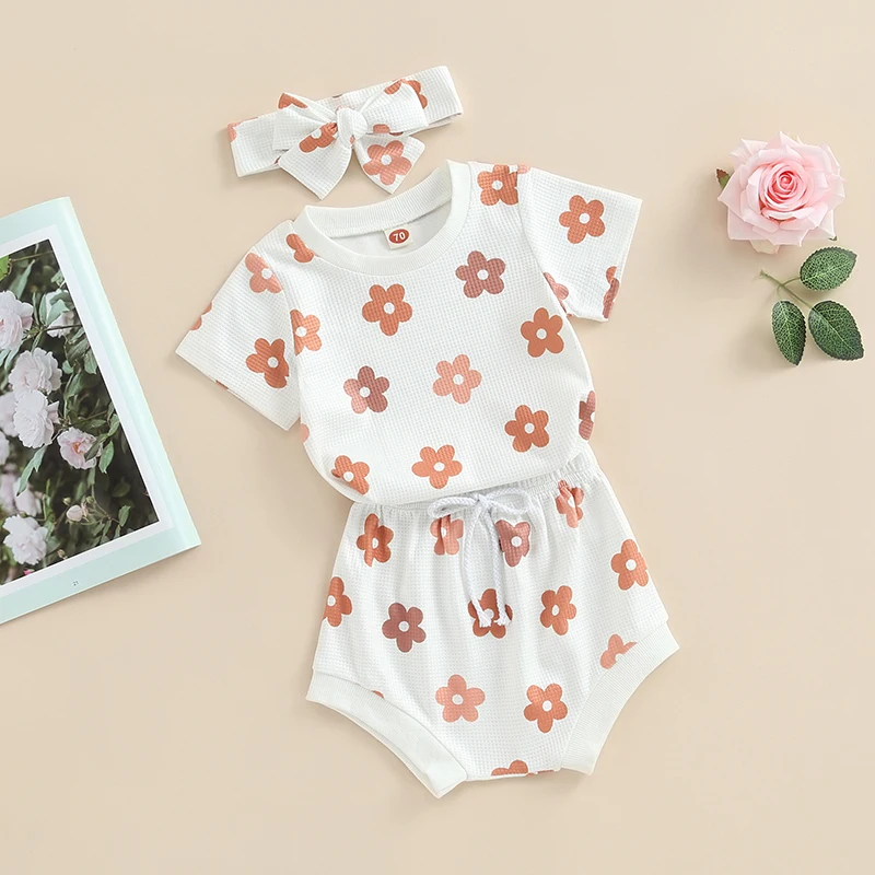 

Baby Girl 2Pcs Summer Outfits Short Sleeve Floral Tops Tie Front Shorts Headband Set Newborn Summer Clothes